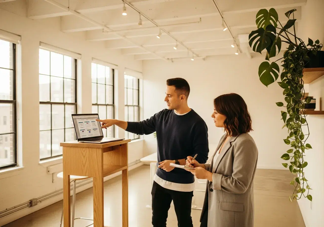 Web designers collaborating on wireframes at a standing desk